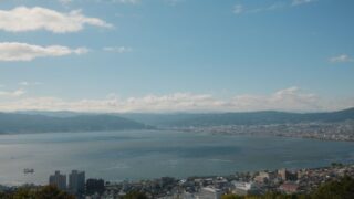 Beautiful aerial view of Lake Suwa and surrounding city in Nagano, Japan.