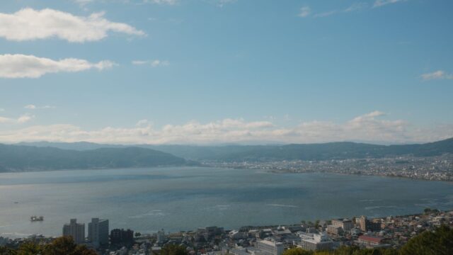 Beautiful aerial view of Lake Suwa and surrounding city in Nagano, Japan.