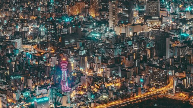 aerial view of city buildings during night time